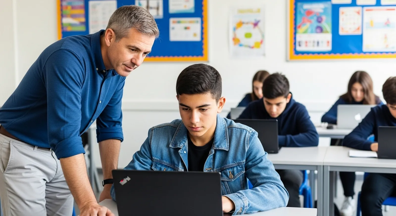 Docente ayudando a un alumno de secundaria que trabaja con su laptop en el aula virtual del colegio, con sus compañeros al fondo
