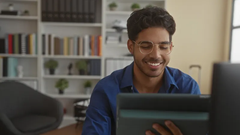 Profesor joven sonriendo mientras usa ChatGPT en su tablet para preparar la clase de su curso virtual