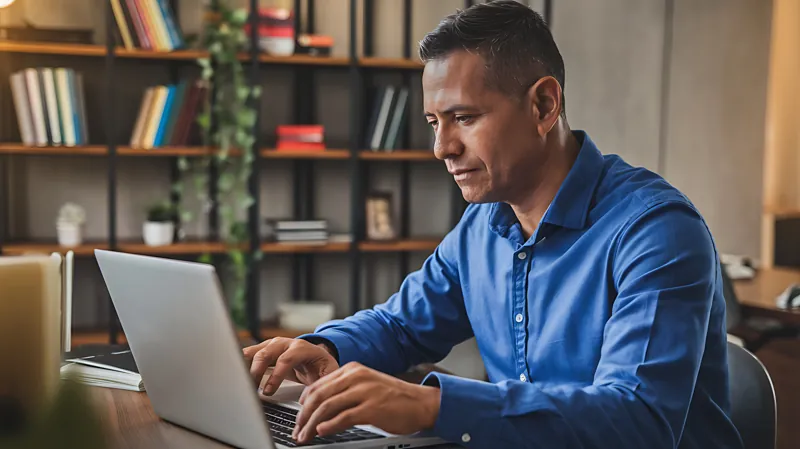 Dueño de una empresa peruana creando el correo corporativo de su equipo desde su laptop en la oficina