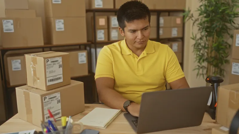 Emprendedor peruano revisando pedidos en su laptop entre cajas listas para enviar, tras crear su tienda virtual