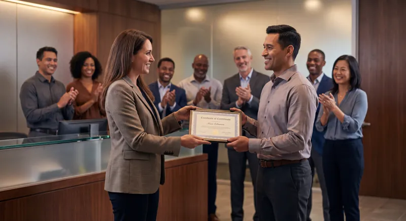Directora de un centro de capacitación entregando un certificado de curso a un participante mientras sus compañeros aplauden en la oficina