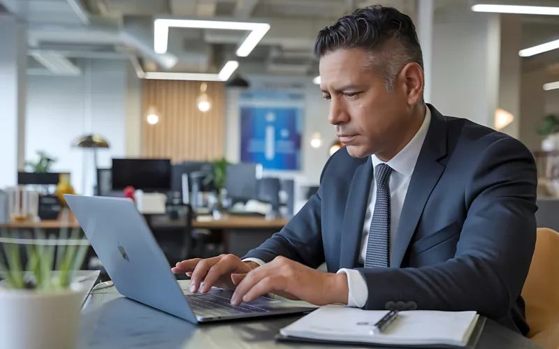 Gerente de una empresa peruana revisando en su laptop cuánto cuesta una página web para empresa
