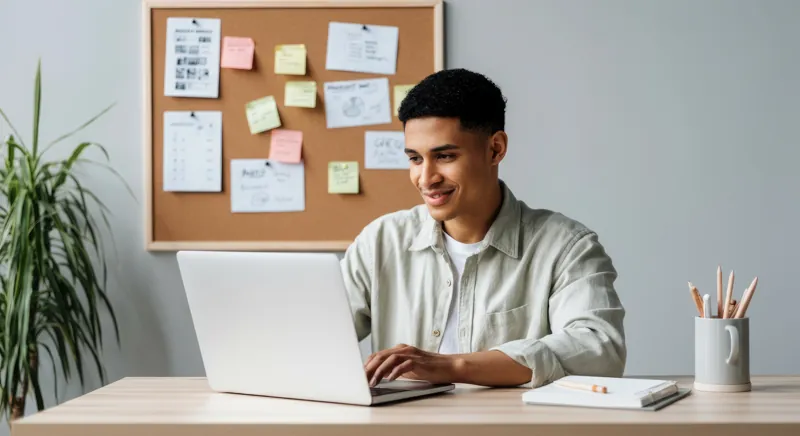 Emprendedor planificando en su laptop cómo empezar a vender cursos online, con notas y tareas pegadas en un tablero