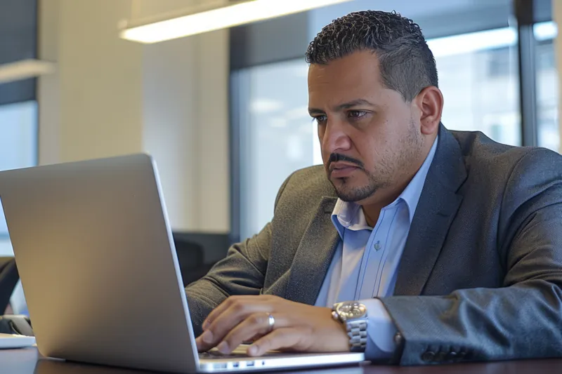 Empresario revisando en su laptop la velocidad de la web de su instituto alojada en un hosting de Perú o del extranjero