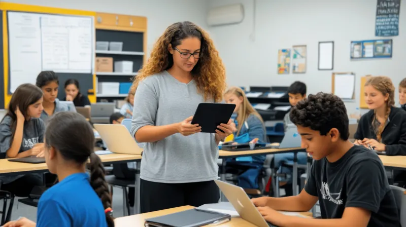 Docente revisando una tablet mientras sus alumnos de secundaria trabajan con laptops en el aula, usando la intranet del colegio