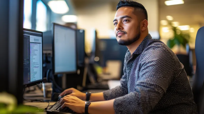Programador latino concentrado frente a varios monitores haciendo el mantenimiento de software de un sistema empresarial