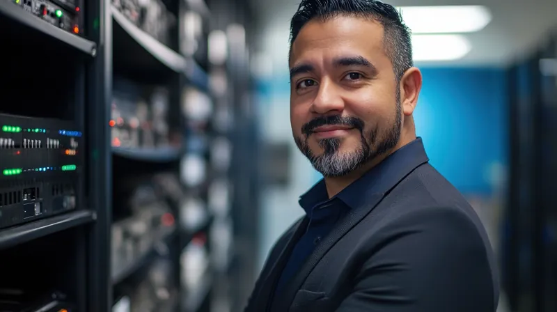 Responsable de tecnología de una institución educativa sonriendo junto a los racks de un servidor dedicado para hosting Moodle