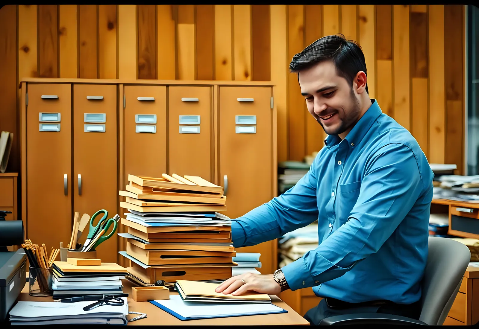 Encargado de sistemas ordenando carpetas y archivos en su oficina mientras planifica migrar el correo corporativo