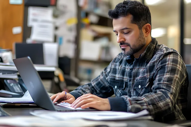Dueño de una distribuidora revisando en su laptop las hojas de Excel que va a pasar a un sistema, en la oficina de su almacén