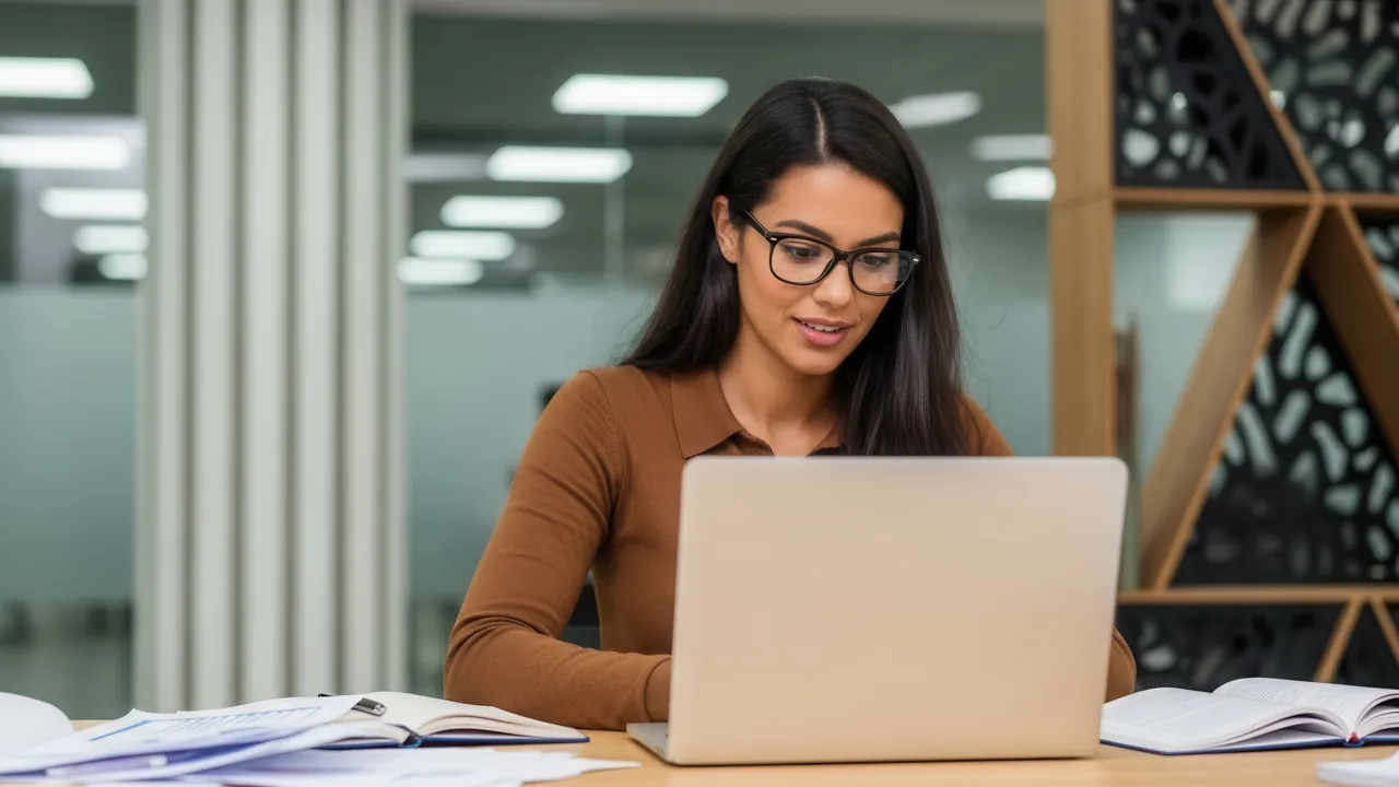 Coordinadora académica revisando tareas y calificaciones en el aula virtual desde su laptop