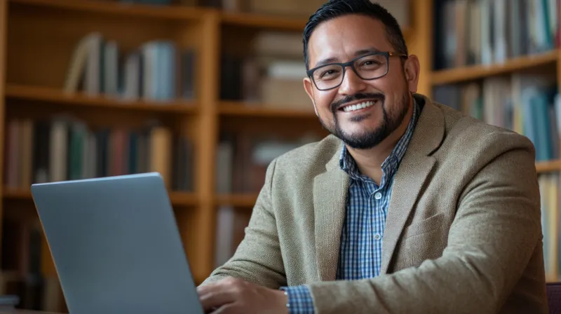 Director de un instituto sonriendo frente a su laptop en la biblioteca, revisando qué es Moodle y cómo funciona su aula virtual