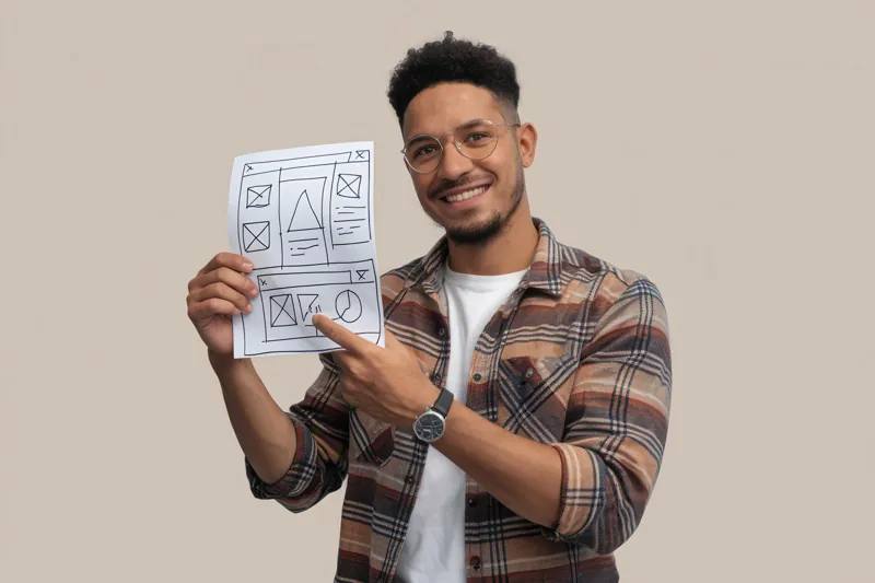 Joven emprendedor latino sonriente mostrando el boceto de las pantallas de su primer sistema, un MVP dibujado en papel