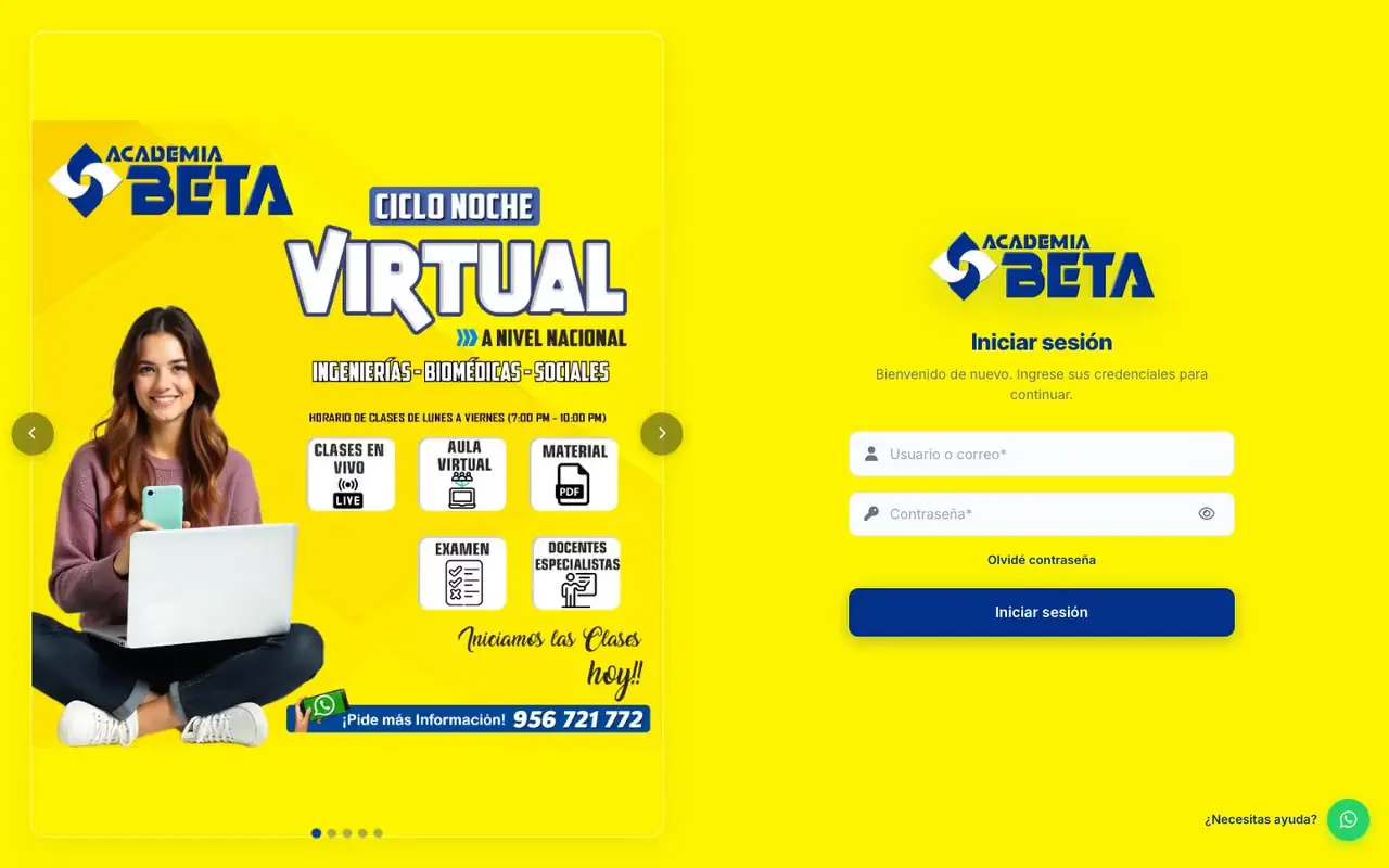 Página de ingreso al aula Moodle de una academia preuniversitaria, con el afiche del ciclo virtual y el formulario de acceso