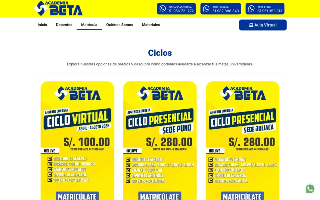 Página de matrícula con tres tarjetas: ciclo virtual y ciclos presenciales en dos sedes, cada uno con precio y botón Matricúlate