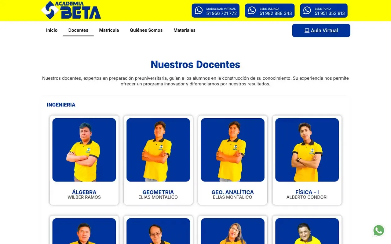 Página de docentes de una academia, con foto, nombre y curso de cada docente ordenados por área