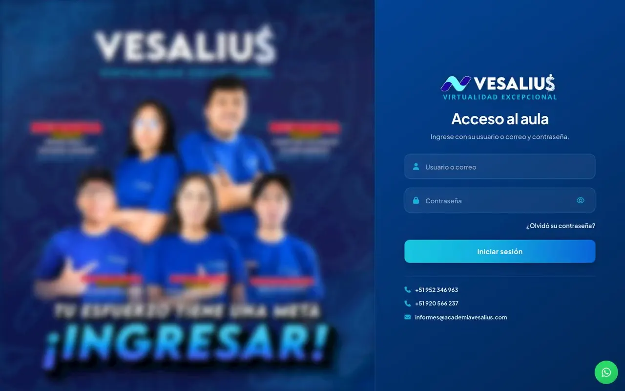 Pantalla de ingreso al aula virtual Moodle de una academia preuniversitaria, con su marca y sus colores