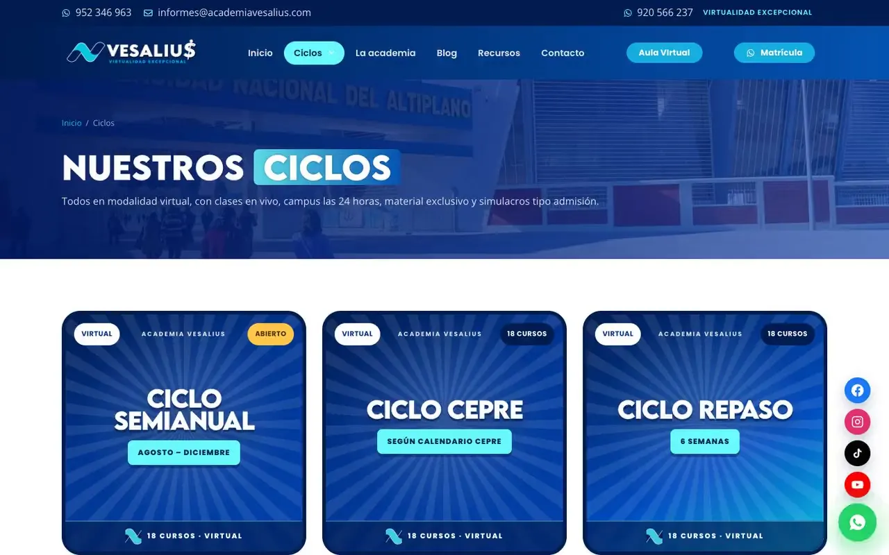 Página de ciclos de una academia preuniversitaria virtual con tarjetas de ciclo semestral, CEPRE y repaso