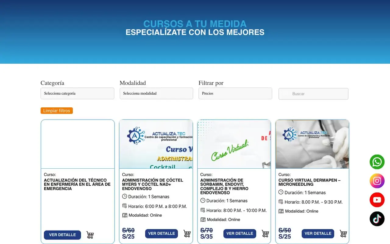 Catálogo de cursos de salud con filtros por categoría, modalidad y precio, y tarjetas con fechas y horarios