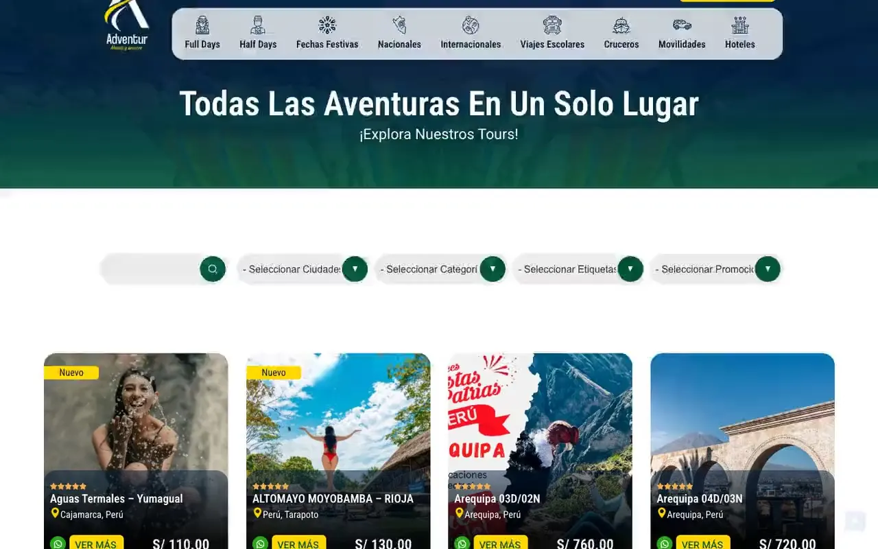 Catálogo de tours de Adventur con buscador y filtros por ciudad, categoría, etiqueta y promoción, y tarjetas con precio