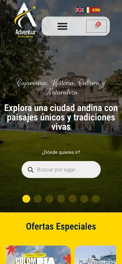 Web de una agencia de viajes vista en el celular, con buscador de tours y menú adaptado