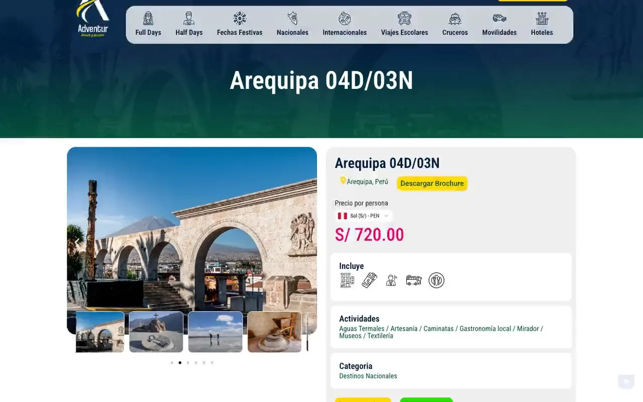 Ficha de un paquete turístico con itinerario por días y precio en la moneda del viajero