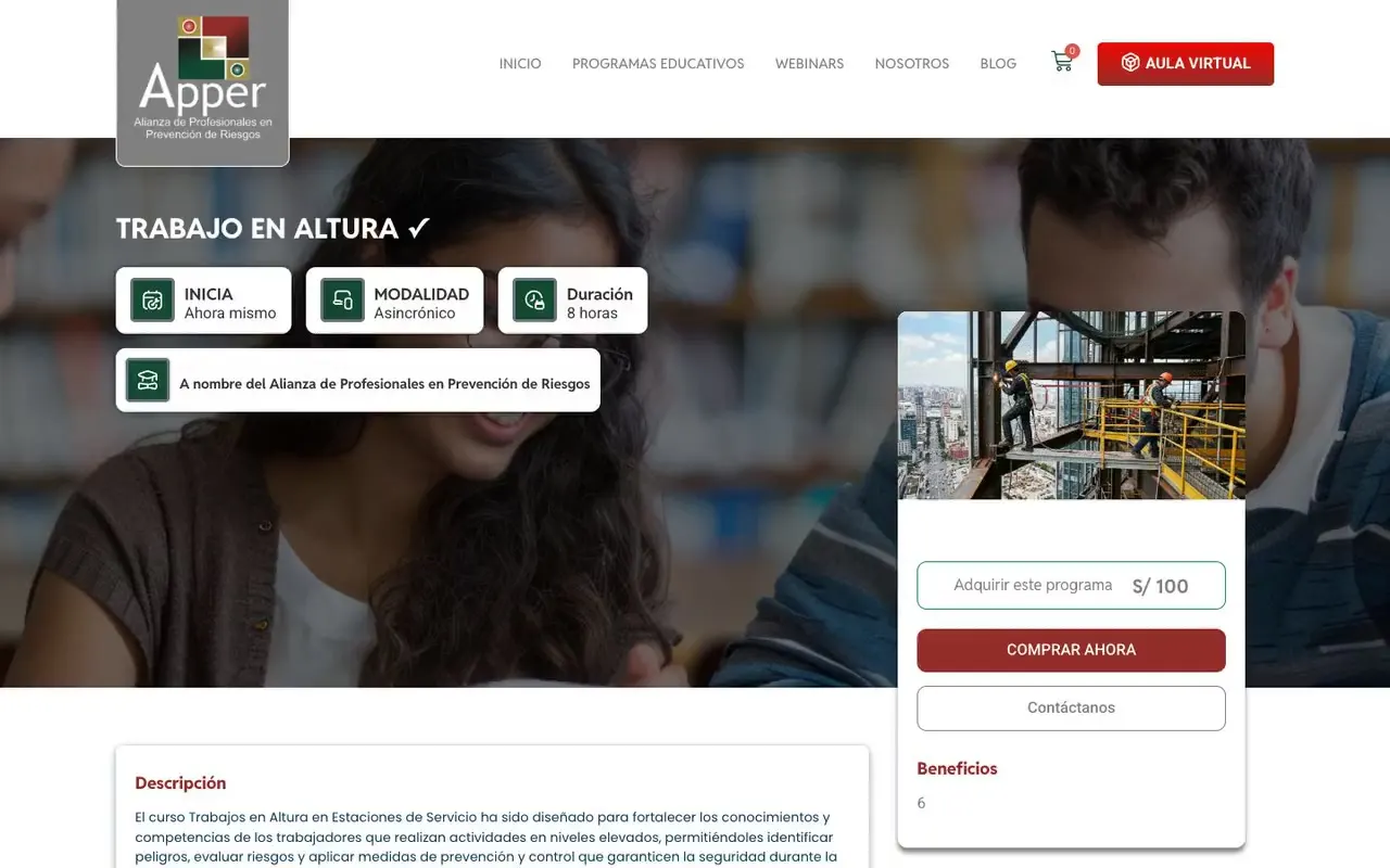Ficha de un curso con precio y botón de compra, desde la que el participante pasa al pago donde elige boleta o factura