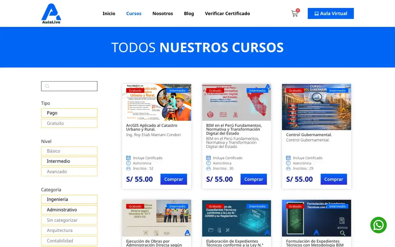 Catálogo de cursos virtuales con filtros por tipo, nivel y categoría, precio visible y botón de compra