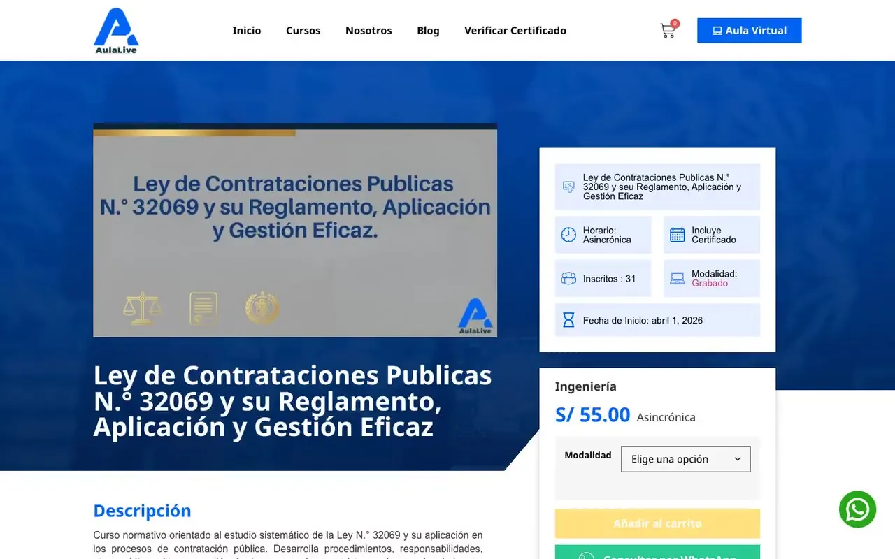 Ficha de curso donde el alumno elige el tipo de certificación y el precio cambia al instante