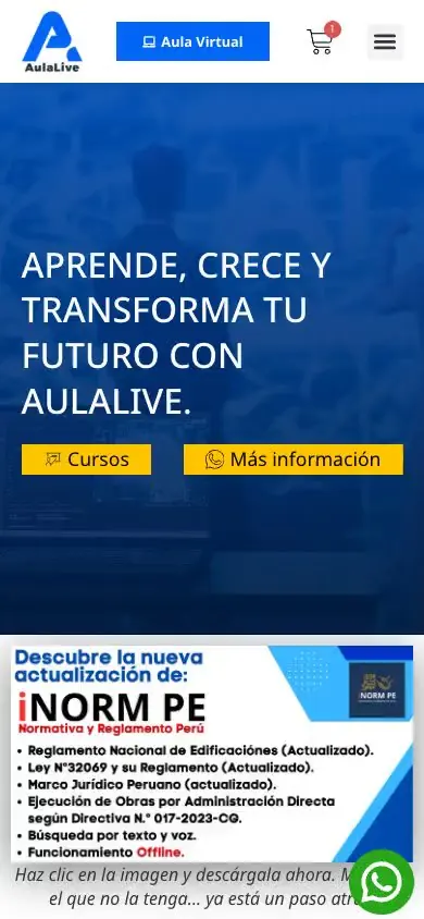 Vista en celular de una web de cursos virtuales con botones de cursos y más información