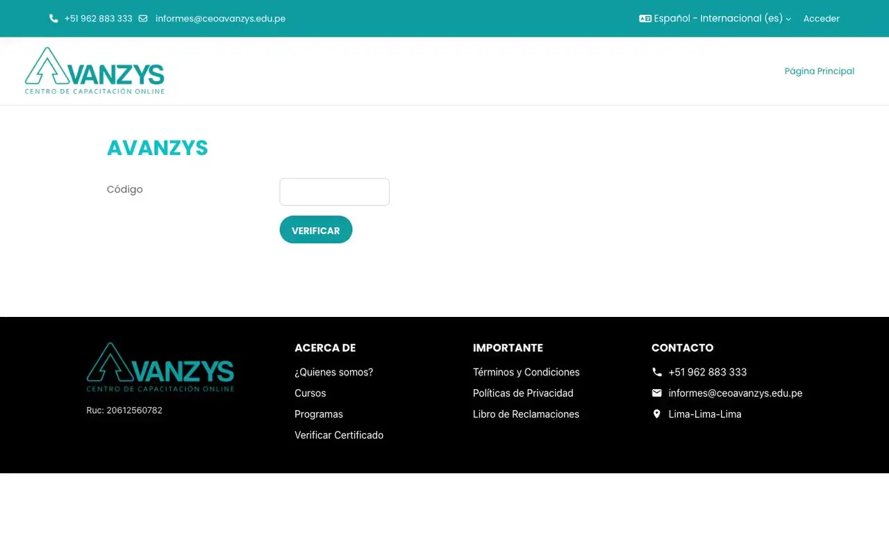 Verificación de un certificado de curso por código en el aula virtual