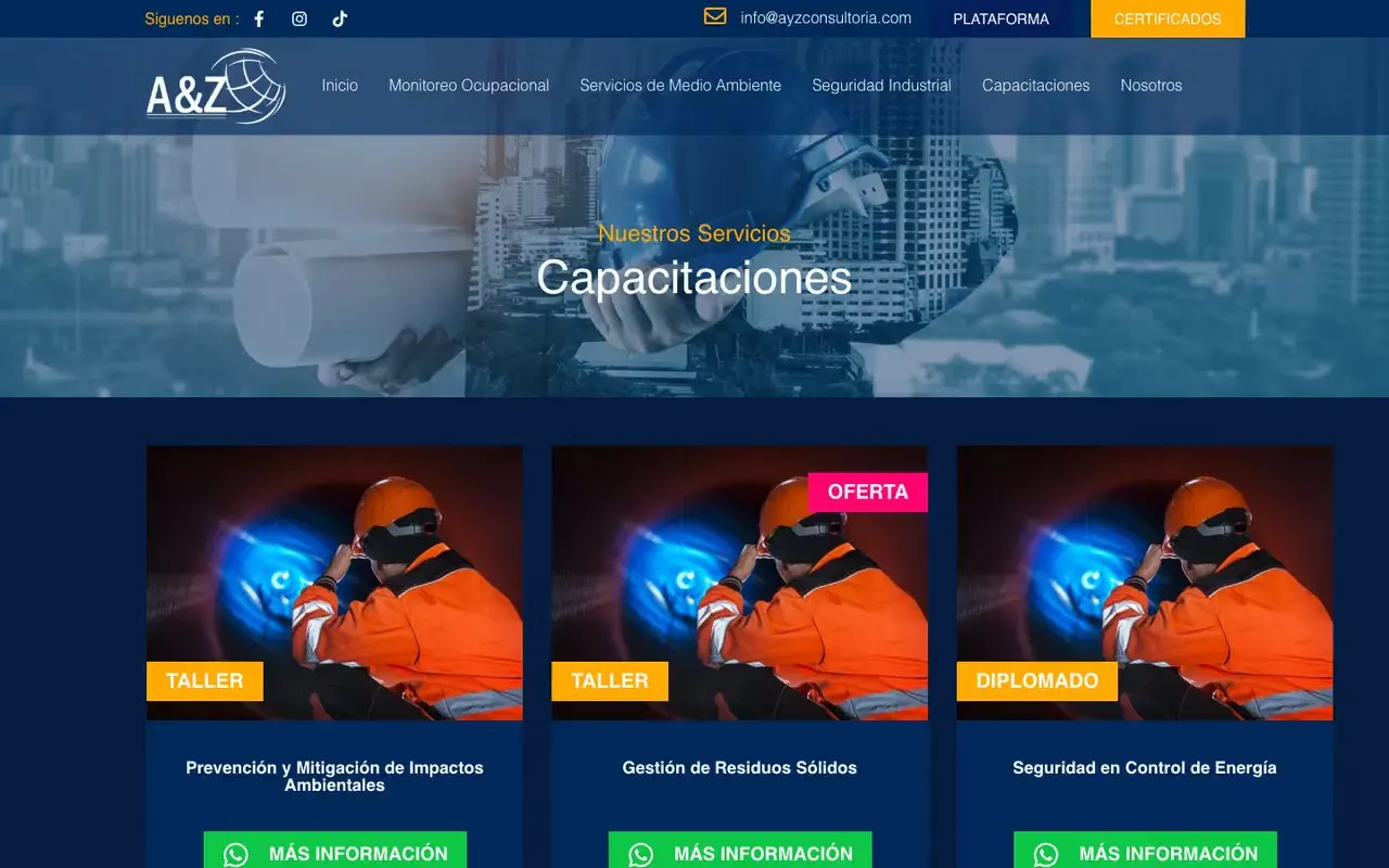 Página de capacitaciones de una consultora de seguridad con cursos, diplomados y opción para empresas