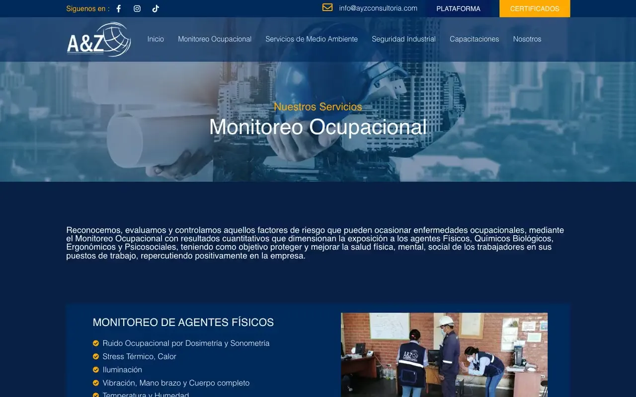 Página de servicios de una consultora de seguridad y salud ocupacional con los agentes que monitorea