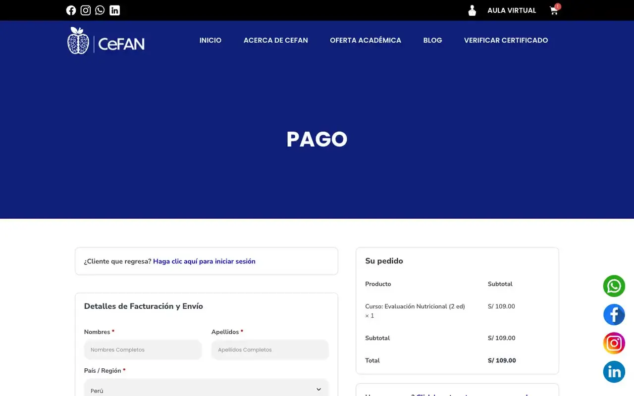 Página de pago con tarjeta o Yape donde el alumno elige su usuario del aula al pagar
