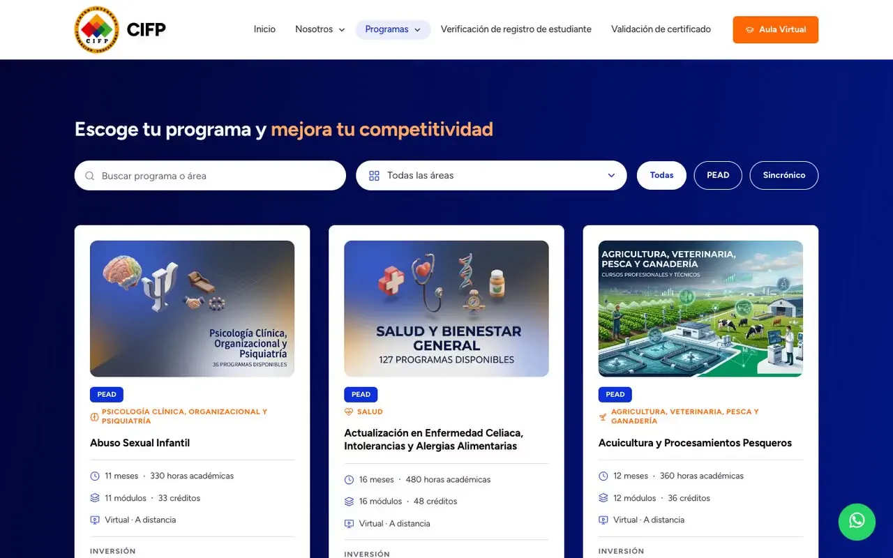 Catálogo de programas con buscador por programa o área, selector de áreas y filtros por modalidad, con tarjetas que muestran meses, horas, módulos y créditos