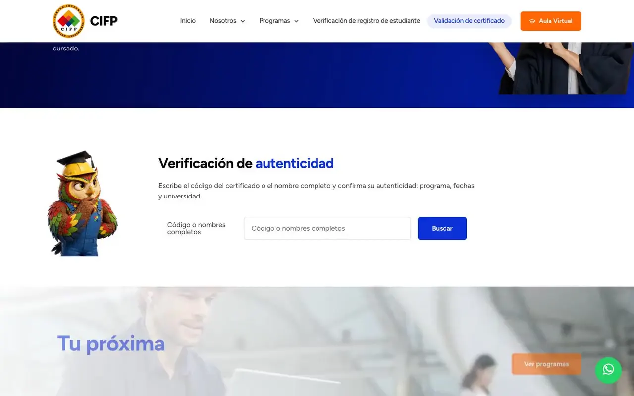 Página de validación de certificados de un centro de capacitación con búsqueda por código