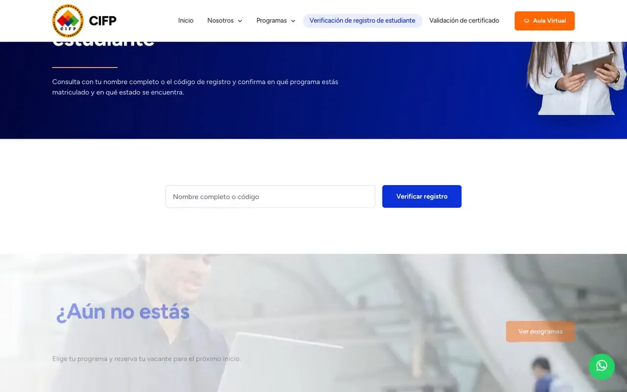Página de verificación de registro de estudiante con búsqueda por nombre completo o código