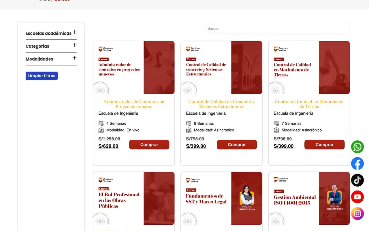 Catálogo de cursos con filtros por escuela académica, categoría y modalidad, y tarjetas con precio y botón de compra