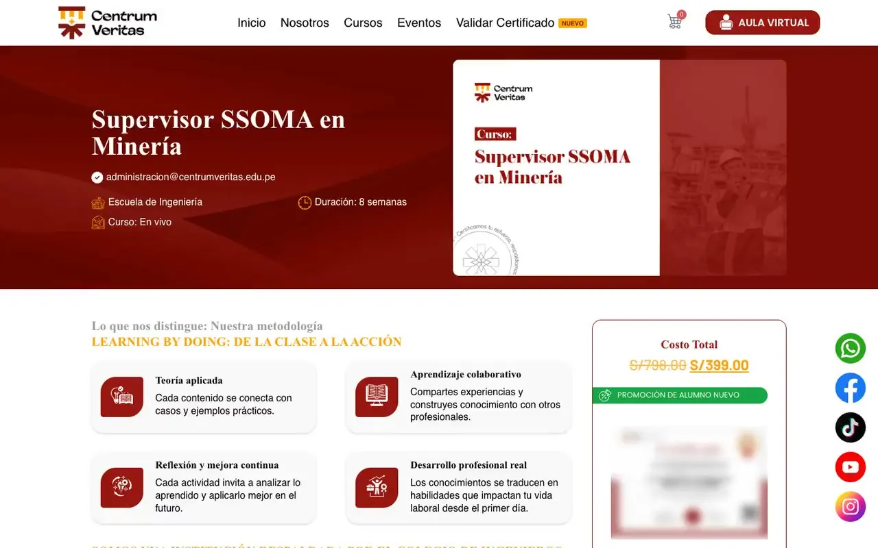 Ficha de un curso con la muestra del certificado digital que recibirá el alumno