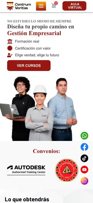 La web de Centrum Veritas en un celular, con su catálogo de cursos y menú adaptado