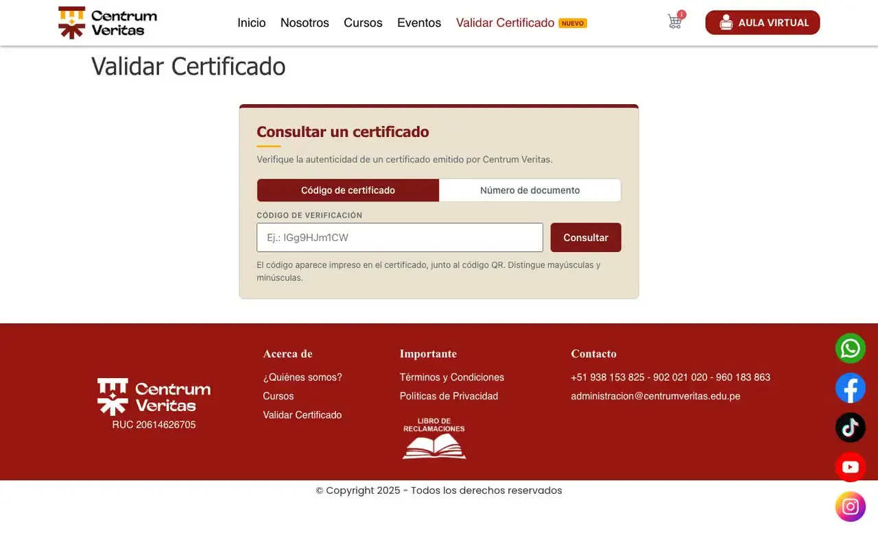 Verificador de certificados en la web de una institución, con búsqueda por código o por documento