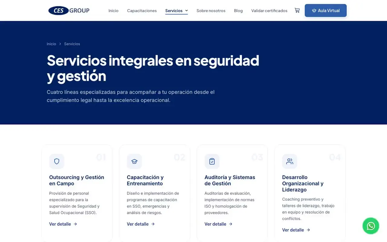 Página de servicios en la web de una consultora, con sus áreas de trabajo y botones de contacto