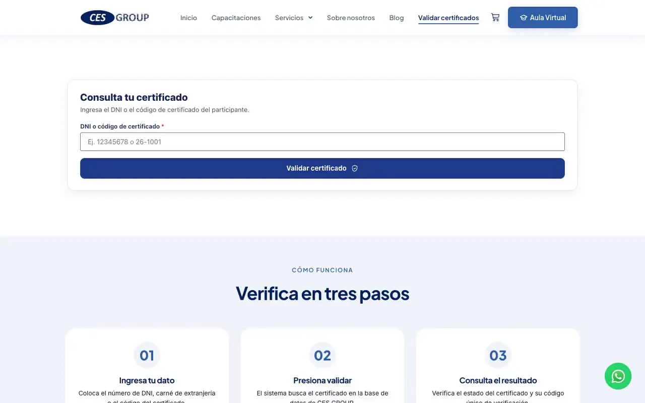 Verificador de certificados por DNI o código en la web de una consultora de seguridad y salud en el trabajo