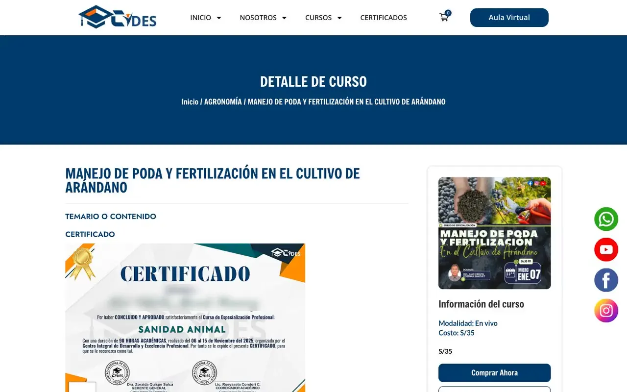 Ficha de un curso con temario, imagen del certificado, información del curso y botón de compra