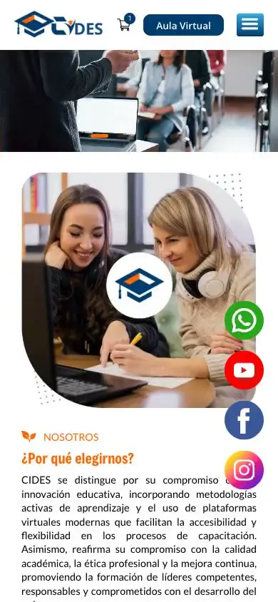 Vista en celular de la web de un centro de capacitación, con menú compacto, acceso al aula virtual y botones de WhatsApp y redes sociales