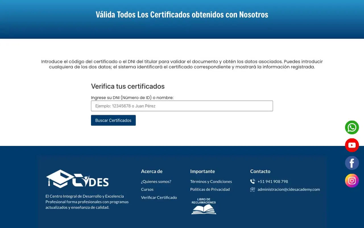 Verificador de certificados de un instituto con búsqueda por código o DNI