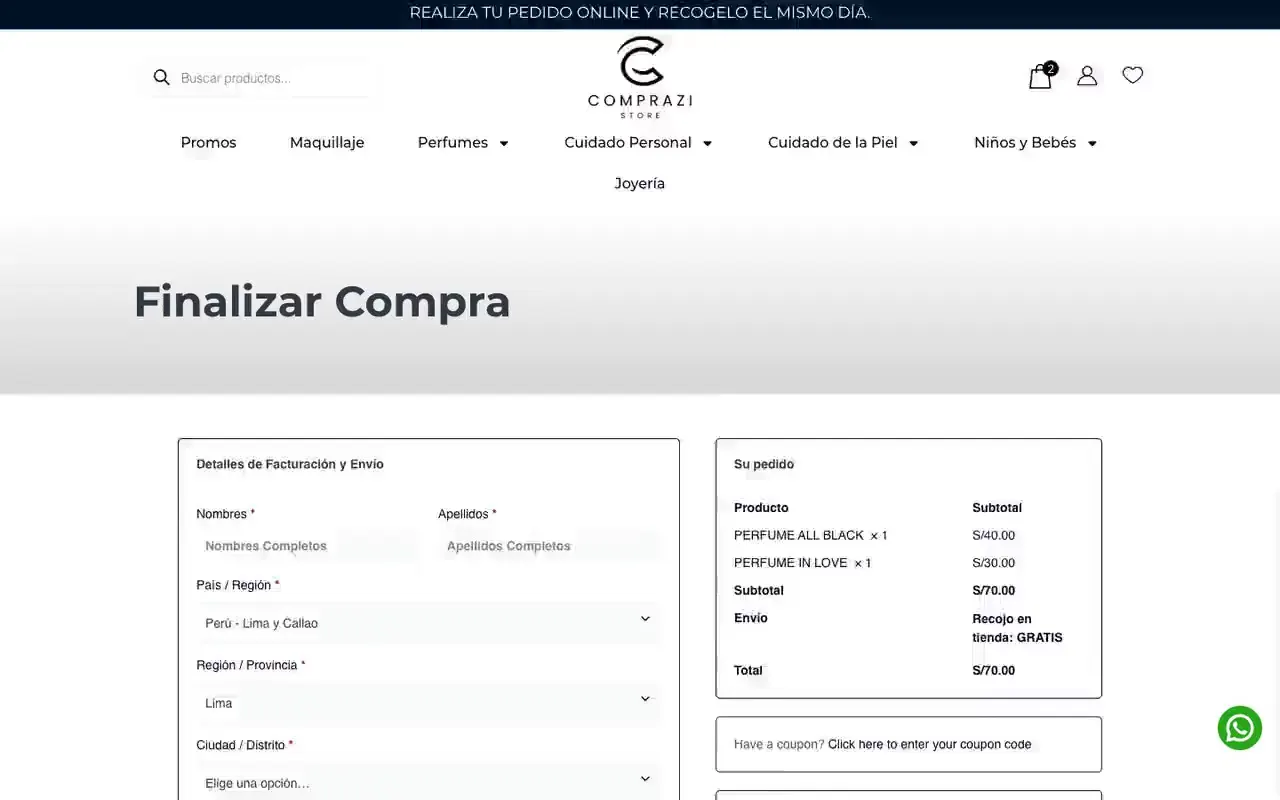 Página de pago de una tienda en línea con tarjeta, Yape y Plin y el resumen del pedido a la vista