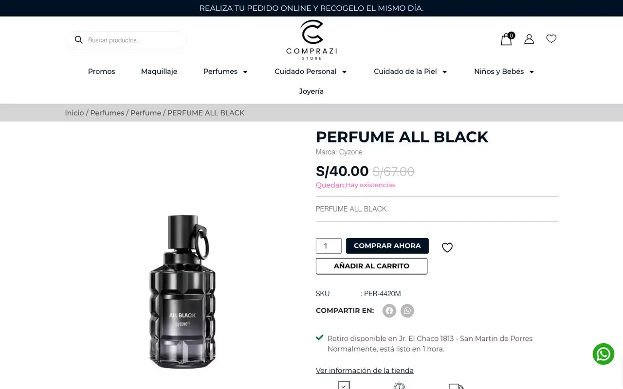 Ficha de un perfume en una tienda virtual con precio de oferta, aviso de existencias, código SKU y botones para comprar o añadir al carrito