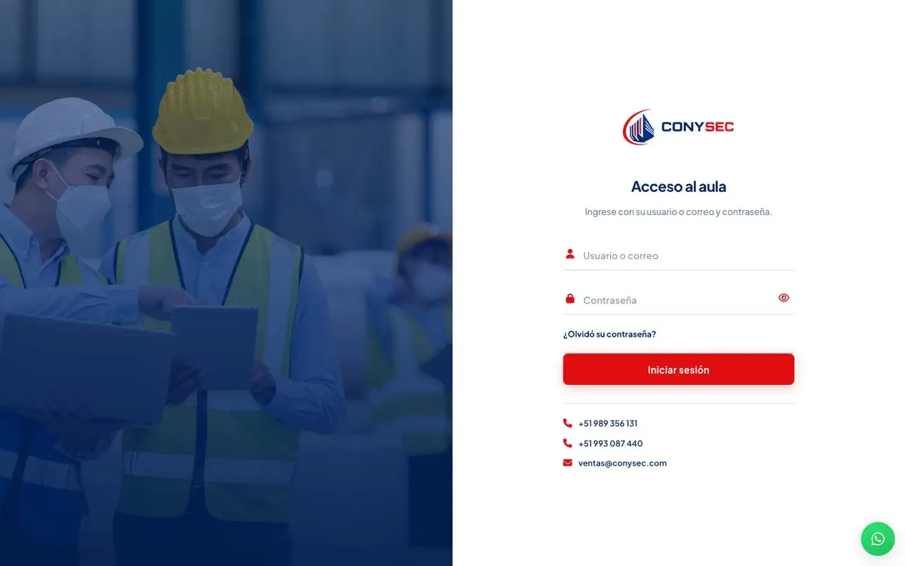 Página de ingreso de un aula Moodle con foto de trabajadores con casco, logo de la consultora y botón de iniciar sesión
