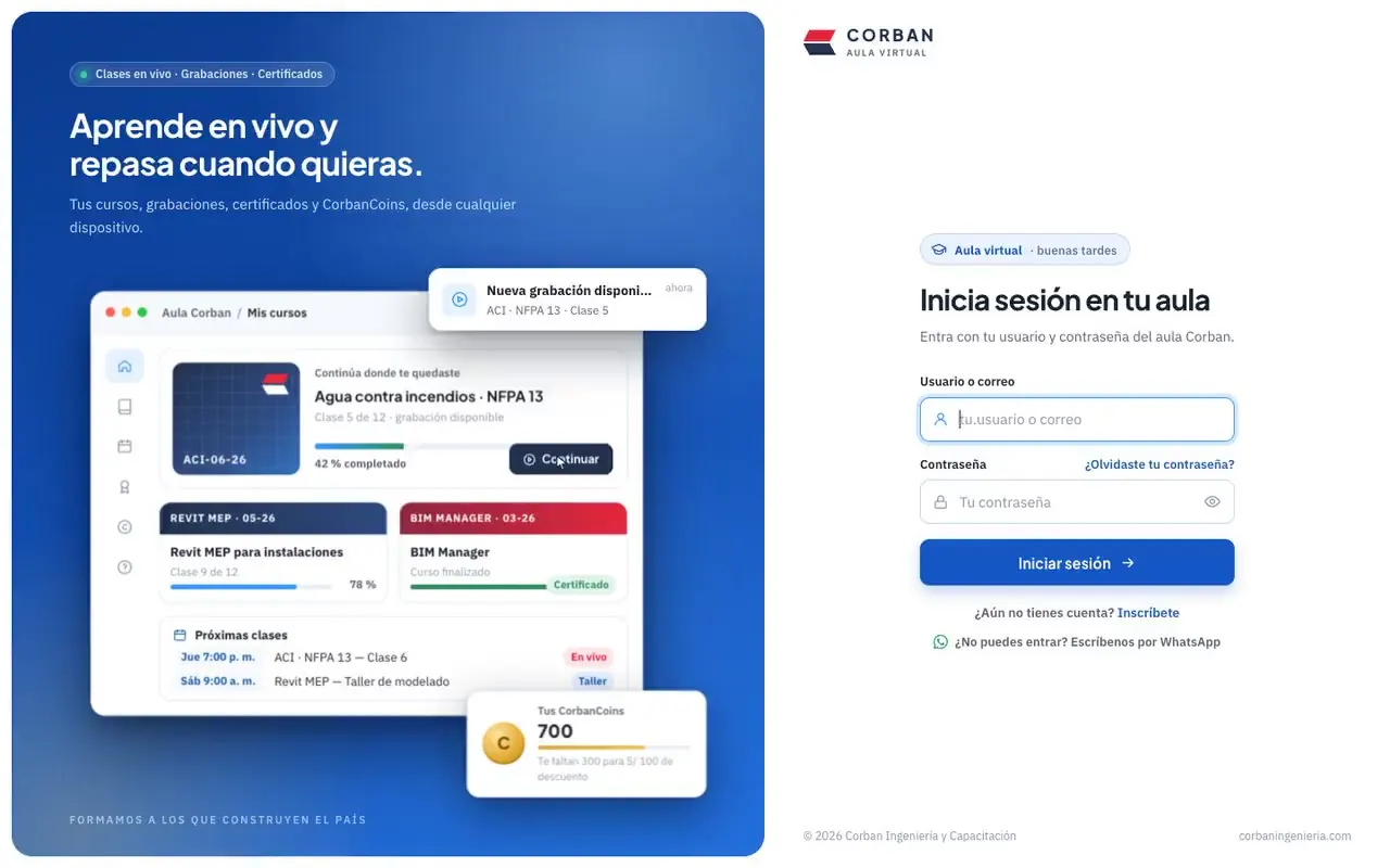 Aula virtual de cursos de ingeniería con clases en vivo y grabaciones disponibles por un año