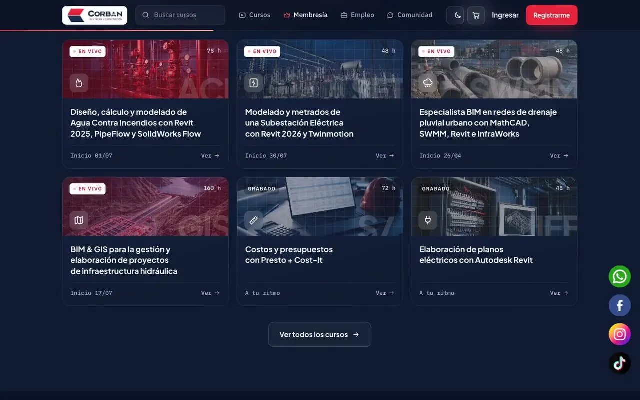 Catálogo de cursos de ingeniería con buscador y filtro entre cursos en vivo y grabados